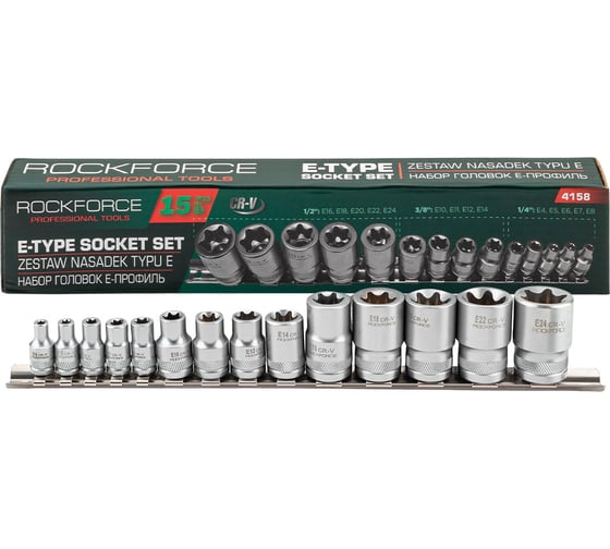 Набор торцевых головок 1/2"&1/4"&3/8"DR звездочка E4-24 14 предметов Rockforce RF-4158(11711)