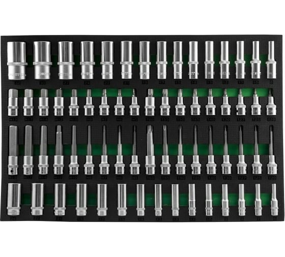 Набор глубоких торцевых головок, торцевых насадок со вставками TORX, HEX (66 пр; 3/8"DR, 1/2"DR) в EVA ложементе Jonnesway 49276