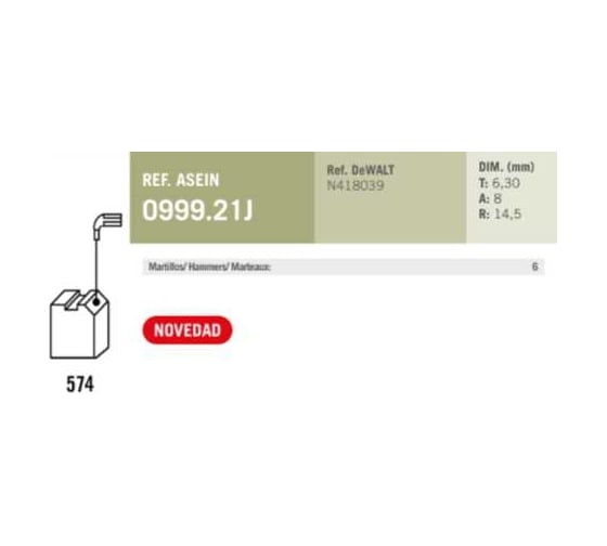 Комплект графитовых щеток Dewalt OEM n418039, комплект 2 шт Asein 0999.21J