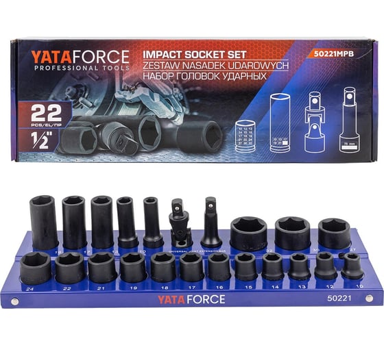 Головки ударные 1/2"DR, набор 22 предмета, 6-гр. YATAFORCE YF-50221MPB(57680)