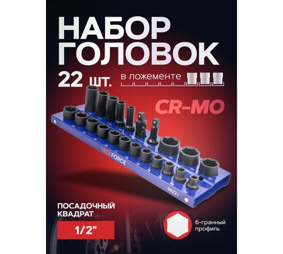 Головки ударные 1/2"DR, набор 22 предмета, 6-гр. YATAFORCE YF-50221MPB(57680)