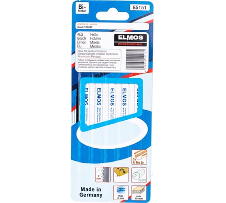 Пилки для лобзика Е5151 (2 мм, 110/132 мм, 5 шт) ELMOS 205515117