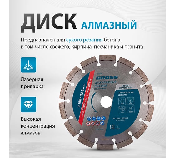 Диск алмазный (180x22.2 мм) GROSS 73006