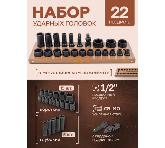 Головки ударные 1/2" DR, набор 22 предмета, 6-гр. FORSTIME FT-50221MPB(57681)