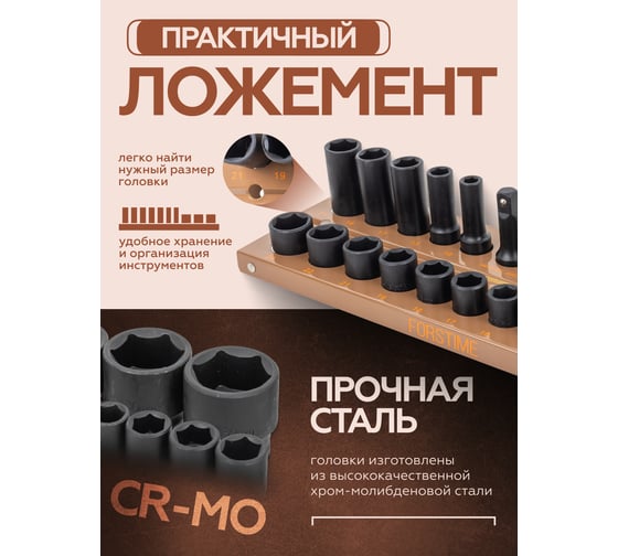 Головки ударные 1/2" DR, набор 22 предмета, 6-гр. FORSTIME FT-50221MPB(57681)