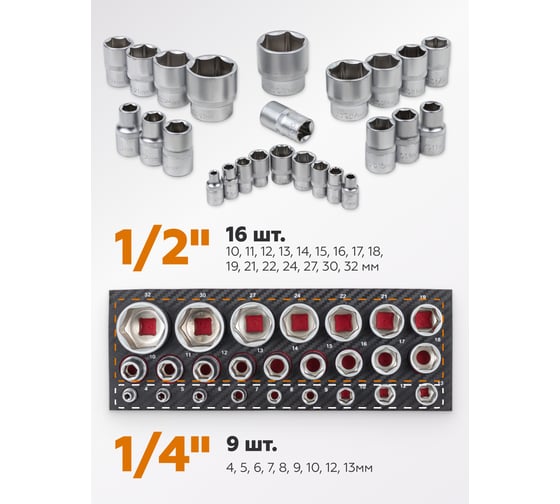 Головки 1/4"DR, 1/2"DR, набор 25 предметов, 6гр. FORSTIME FT-50121G(57686)