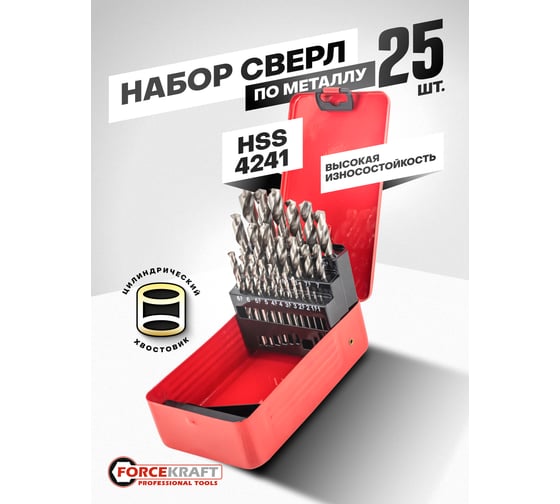 Набор сверл по металлу HSS 4241, 25 шт, 1-13 мм Forcekraft FK-924U25(54206)