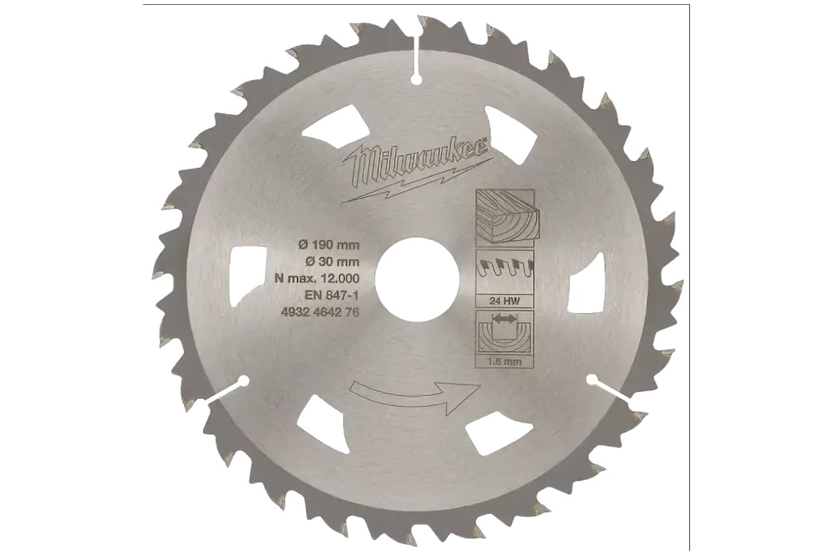 Диск по дереву (190x30 мм; 24Z) для циркулярной пилы Milwaukee ...