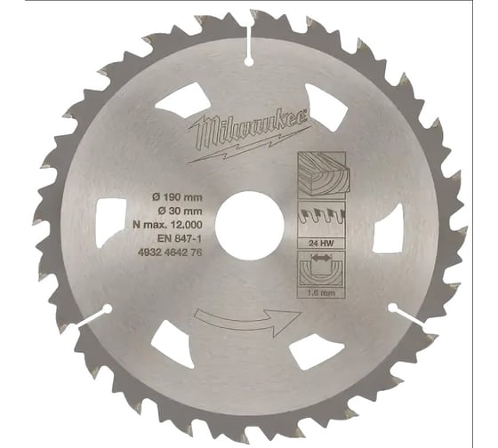 Диск по дереву (190x30 мм; 24Z) для циркулярной пилы Milwaukee 4932464276 1