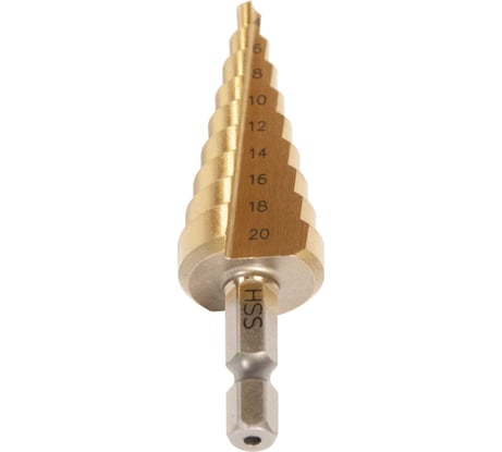 Сверло ступенчатое 9 ступеней, 4, 6, 8, 10, 12, 14, 16, 18, 20 мм Интерскол 0308 042