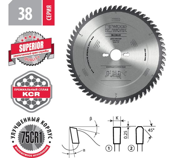 Диск пильный для ЛДСП 165x2.2/1.6x20 мм, Z=40, A=10° WOODWORK 38.165.40