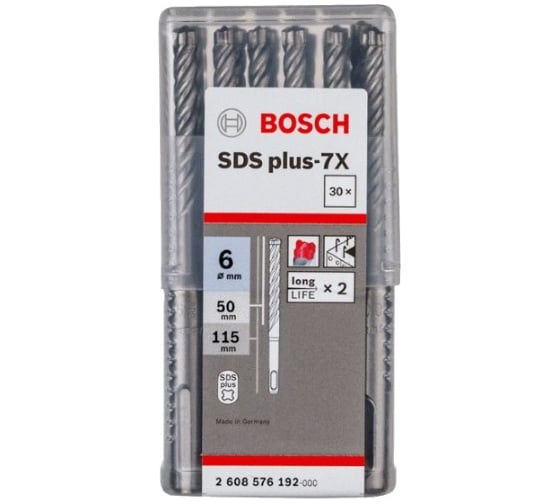 Бур (SDS plus-7X;  6 x 50 x 115 мм; 30 шт) по армированному бетону Bosch 2608586457