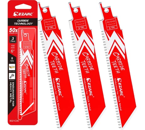 Полотна из карбида вольфрама по металлу, чугуну, легированной стали 8TPI 150 мм, 3 шт, для сабельной пилы Ezarc 8021C06