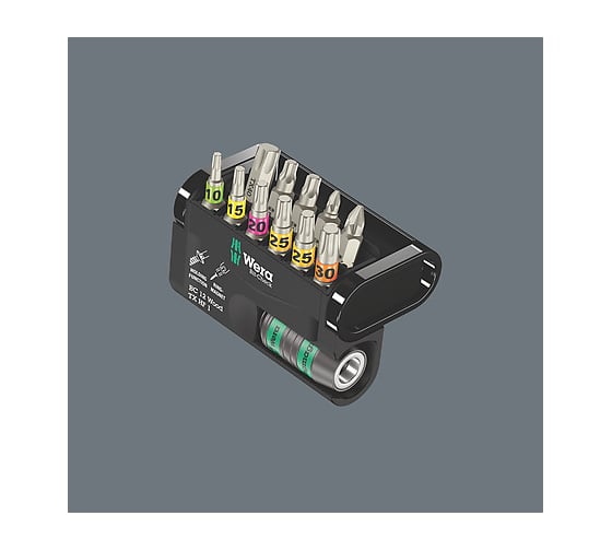 Набор бит с битодержателем Rapidaptor, для работ по дереву Bit-Check 12 Wood TORX HF 1 SB 12 предметов, 1/4", C6.3, PZ / TX HF / TX WERA WE-073641