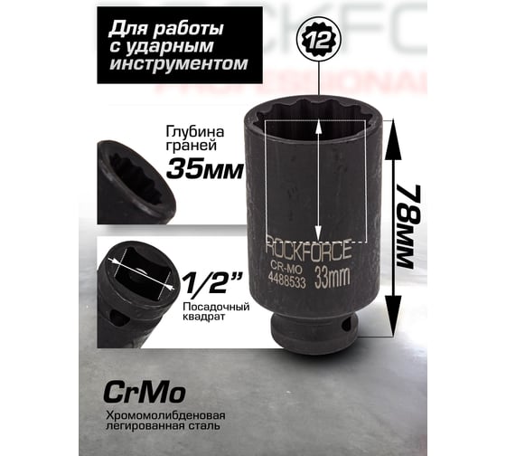 Головка ударная глубокая 12-гранная 33 мм, 1/2"DR Rockforce RF-4488533(54987)