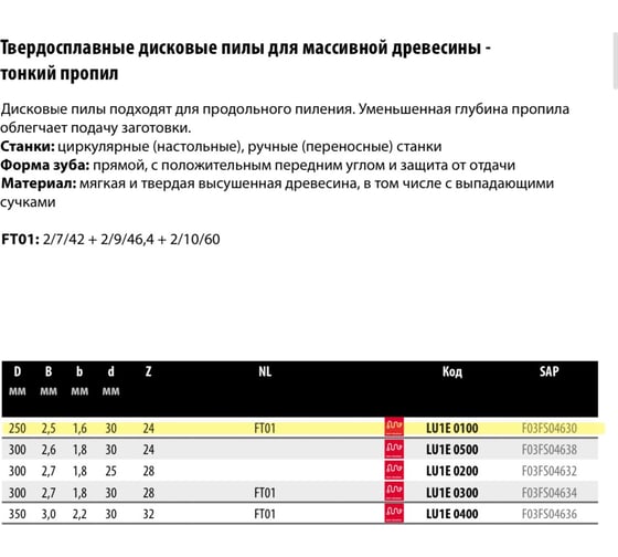 Пила дисковая 250x2.5x30 мм, Z24, HM Freud Lu1E 0100