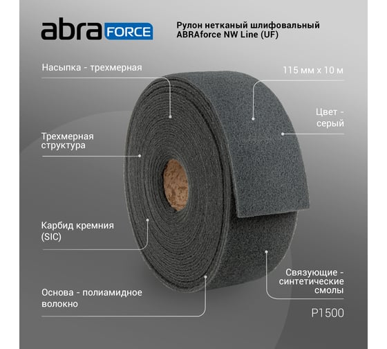 Рулон нетканый шлифовальный NW Line 115 мм, 10 м, P1500 (UF), серый Abraforce AFNWL1151015UF