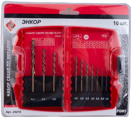 Набор сверл по металлу (10 шт; Р6М5; 1.5-6.5 мм) Энкор 25210
