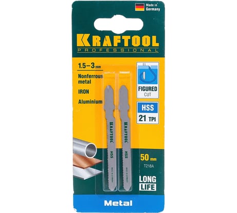 Пилки KRAFTOOL для эл/лобзика, HSS, по металлу, фигурный рез, EU-хвост., шаг 1,2мм, 50мм, 2шт 159553-1,2