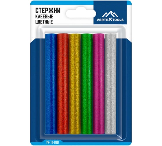 Цветные клеевые стержни 6 шт, 11x100 мм vertextools 19-11-100