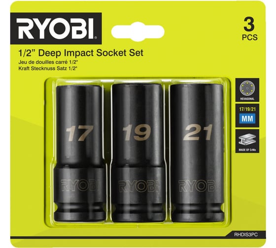 Торцевые головки 3 шт.: 17, 19, 21 мм, 1/2"DR RHDIS3PC Ryobi 5132006070