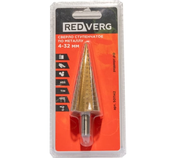Сверло ступенчатое по металлу HSS TIN 4-32 мм 501142 REDVERG 6686662
