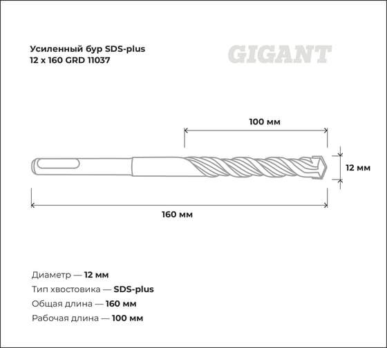 Бур усиленный SDS-plus (12x160 мм) Gigant GRD 11037