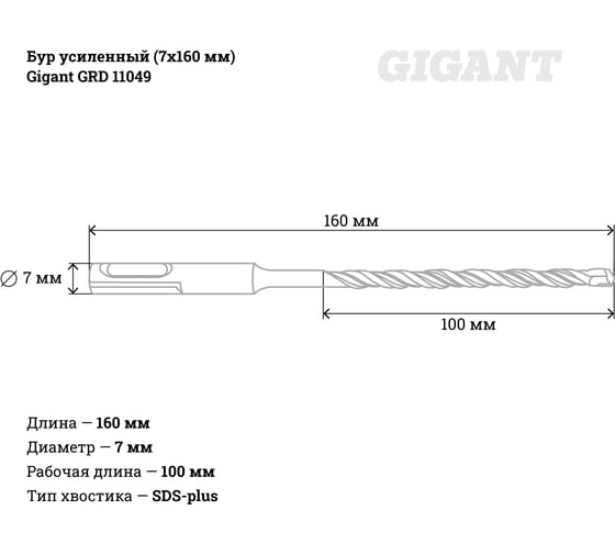 Бур усиленный SDS-plus (7x160 мм) Gigant GRD 11049