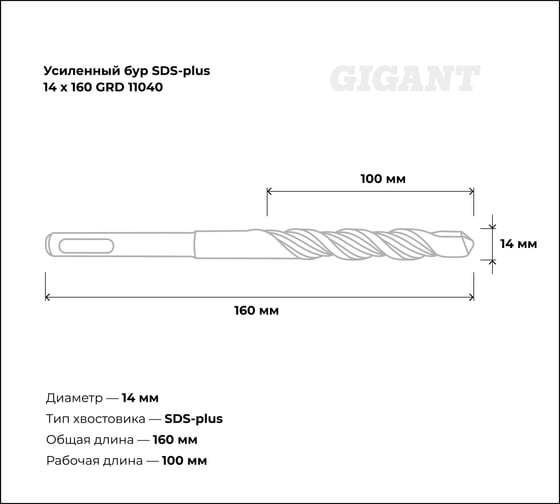 Бур усиленный (14x160 мм) SDS-plus Gigant GRD 11040