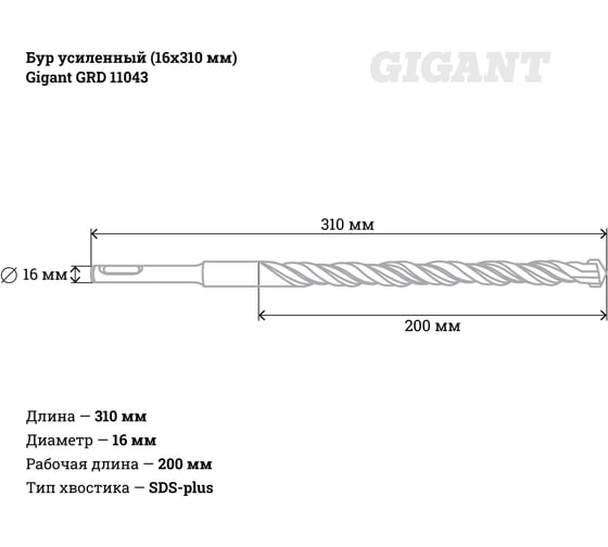 Бур усиленный SDS-plus (16x310 мм) Gigant GRD 11043