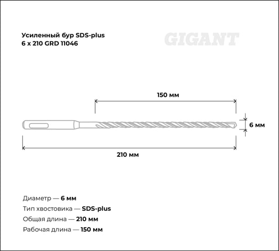 Бур усиленный SDS-plus (6x210 мм) Gigant GRD 11046
