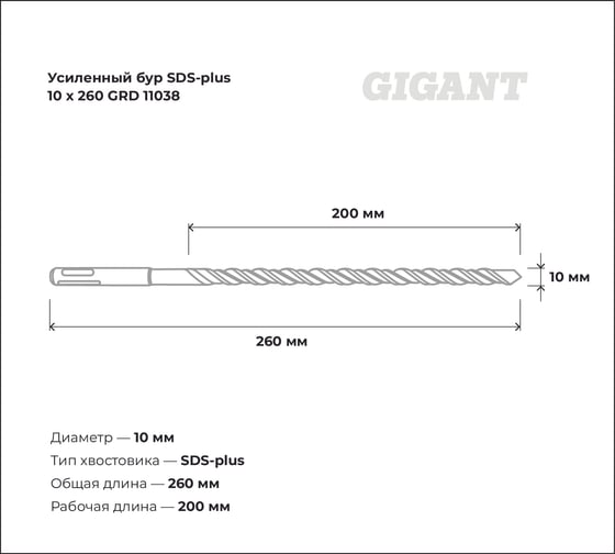 Бур усиленный SDS-plus (10x260 мм) Gigant GRD 11038