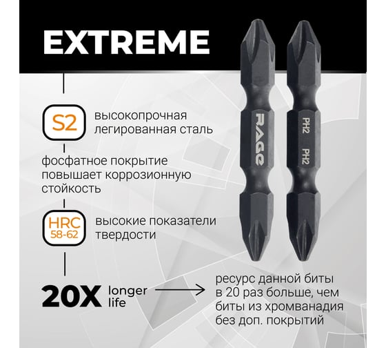 Биты двухсторонние RAGE by S2 Ph2xPh2, 50x50 мм, 2 шт VIRA 554174