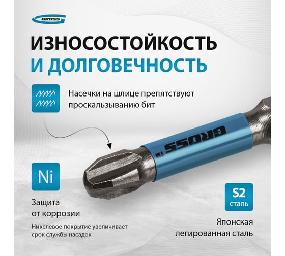 Набор бит торсионных (10 шт; PH3x50 мм) для ударных шуруповертов GROSS 11494
