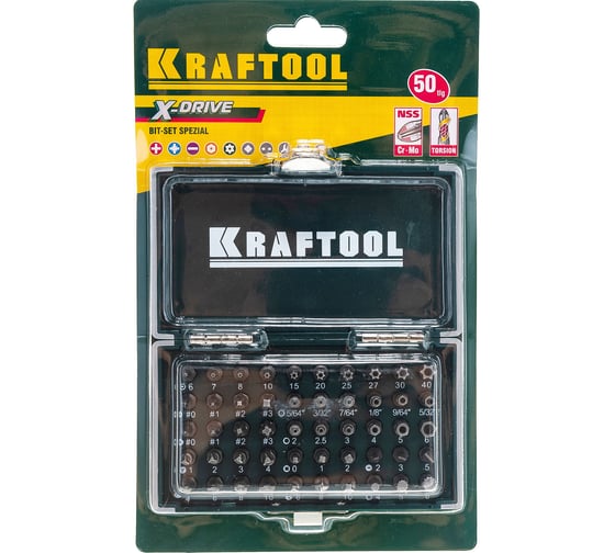 Набор кованых торсионных бит KRAFTOOL X-Drive Cr-Mo, система насечек "NSS", 50 предметов, в боксе 26065-H50