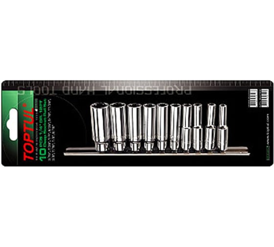 Набор головок 12-гранных 3/16"-9/16", 1/4"DR, 10 шт, на подвесе TOPTUL GBAR1001 1