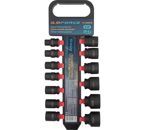 Набор головок ударных iLOFORCE (5 комплектов) 13пр.,1/2''(10, 12-15, 17, 19, 21, 22, 24, 27, 30, 32мм), на пластиковом держателе IF-4139MPB ( 5 K-T )(58588) IF-4139MPB / 5 K-T /(58588)