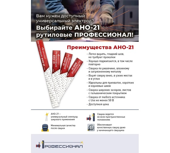 Электроды сварочные АНО-21 (рутиловые) 2 мм, 1 кг Профессионал 845691