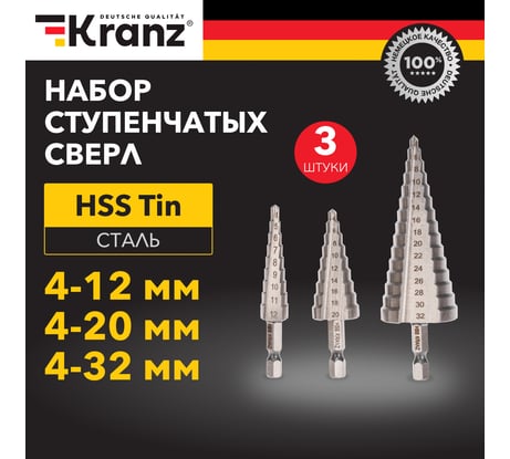 Набор ступенчатых сверл 4-12/4-20/4-32 мм, HSS-TiN, 3 шт KRANZ KR-12-6620
