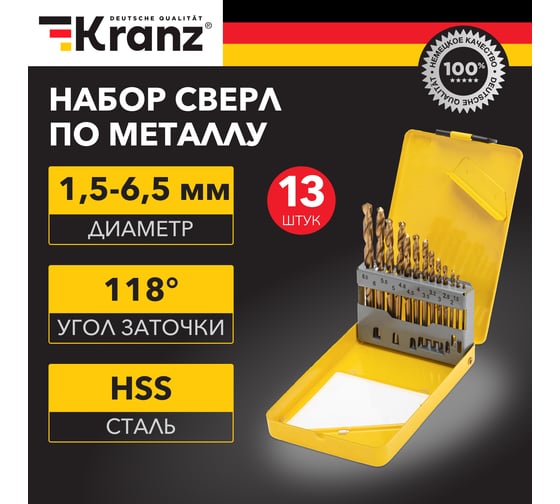 Набор сверл по металлу 1.5-6.5 мм (через 0.5 мм, 3.2 мм, 4.8 мм), НSS, ТИТАН, цилиндрический хвостовик, металлический кейс, 13 шт KRANZ KR-91-0633