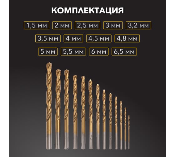 Набор сверл по металлу 1.5-6.5 мм (через 0.5 мм, 3.2 мм, 4.8 мм), НSS, ТИТАН, цилиндрический хвостовик, металлический кейс, 13 шт KRANZ KR-91-0633