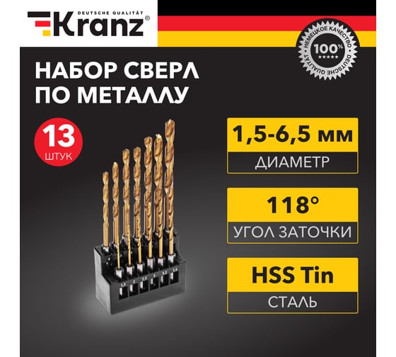 Набор сверл по металлу 1.5-6.5 мм (через 0.5 мм, 3.2 мм, 4.8 мм), HSS, ТИТАН, шестигранный хвостовик, 13 шт KRANZ KR-91-0622