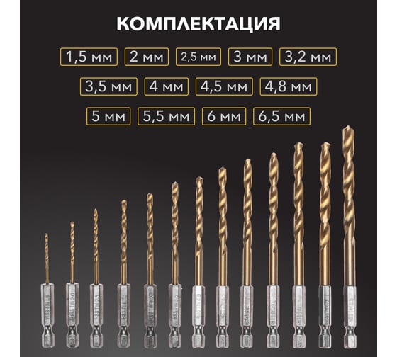 Набор сверл по металлу 1.5-6.5 мм (через 0.5 мм, 3.2 мм, 4.8 мм), HSS, ТИТАН, шестигранный хвостовик, 13 шт KRANZ KR-91-0622