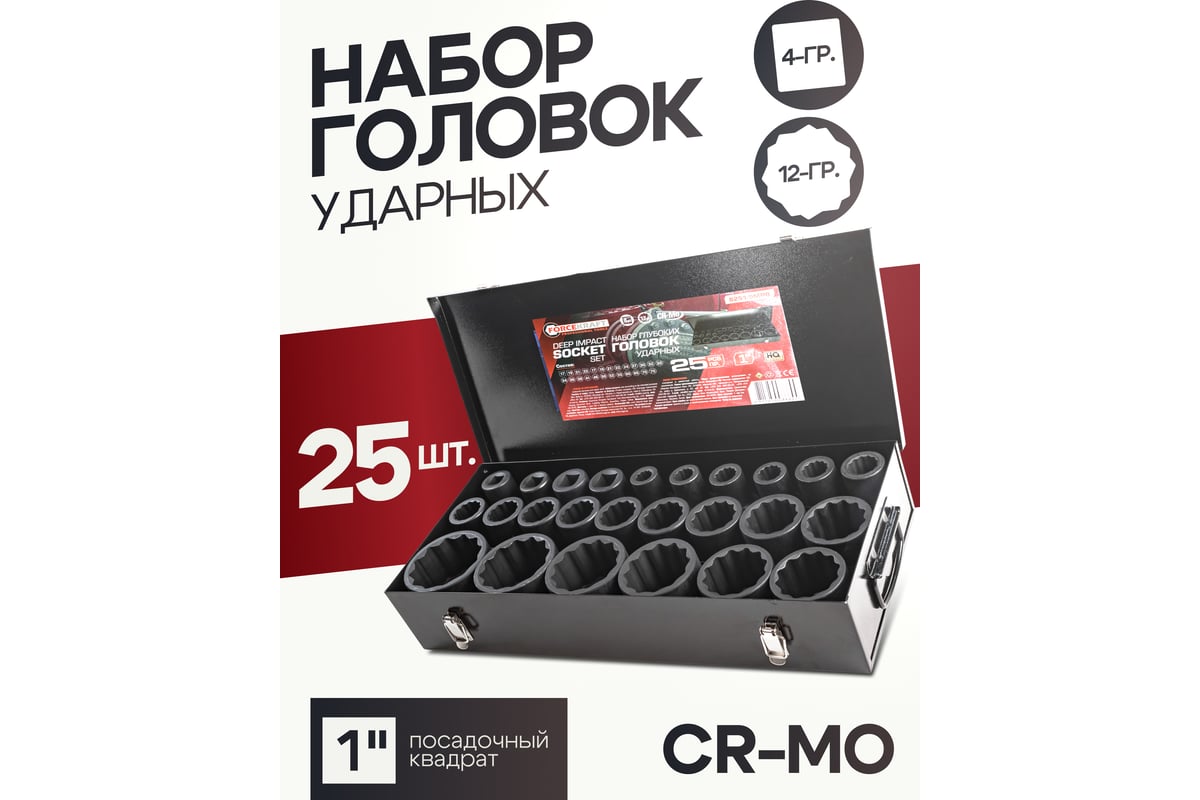 Набор головок ударных глубоких 1"DR, 12-гранные, 25 предметов ...