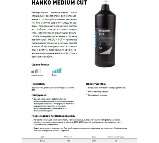 Полировальная универсальная паста MEDIUM CUT 1 кг Hanko MEDIC-10