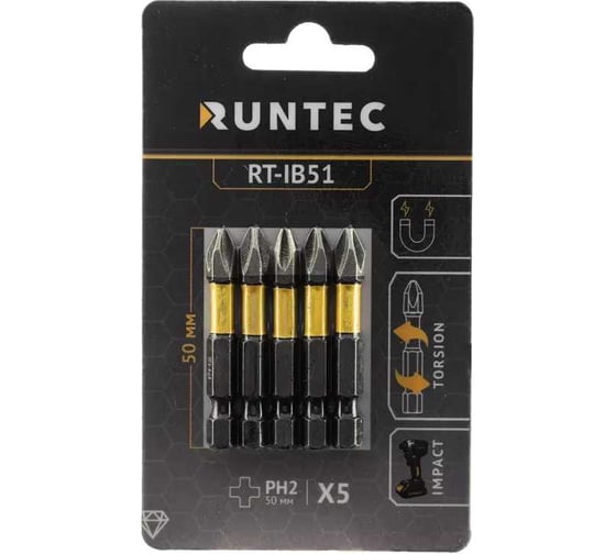Бита ударная Diamond Coating H6.35 50 мм, PH2, 5 шт Runtec RT-IB51