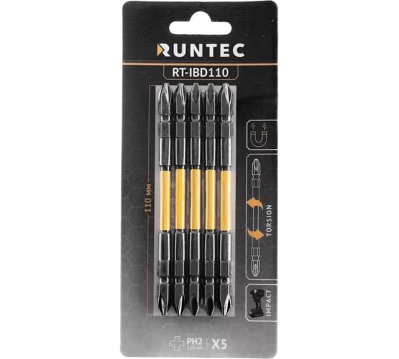 Бита ударная двусторонняя H6.35 110 мм, PH2/PH2, 5  шт Runtec RT-IBD110