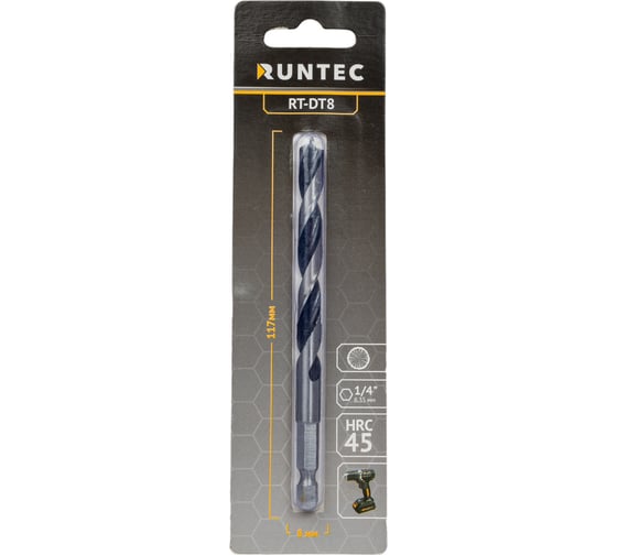 Сверло по дереву HRC45 8x117 мм, HEX RUNTEC RT-DT8