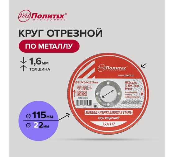 Круг отрезной по металлу (115х1.6х22 мм) Политех 5531117 1