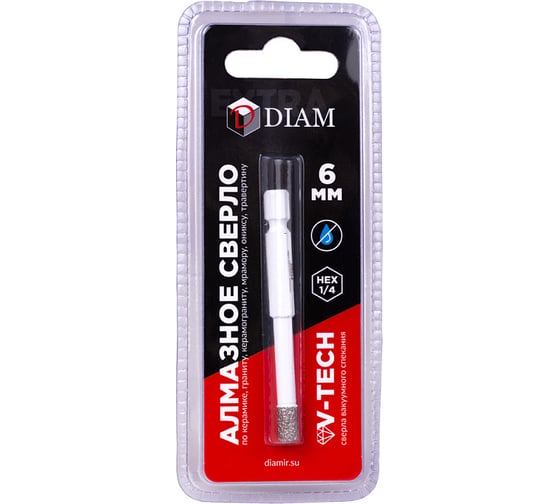 Сверло алмазное 6x35 мм, 1/4 HEX-E Extra Line V-TECH (в.спекание) Diam 320325